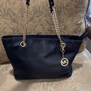 Michael Kors Black Leather Shoulder Tote with Gold Chain Straps